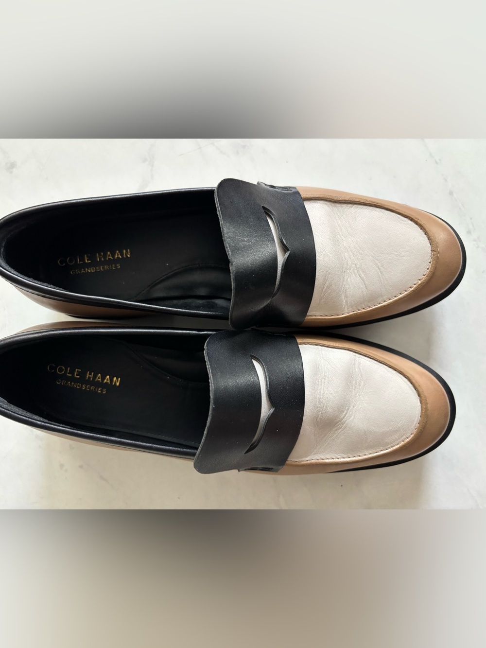 Cole Haan Two-Tone Leather Penny Loafers in Black, White & Tan